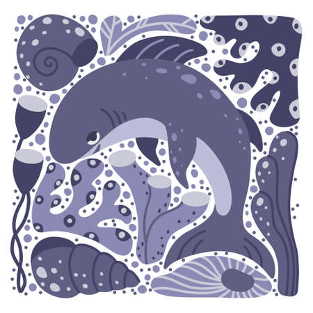 Shark hand drawn illustration. Square cartoon poster of color ocean animal with sea plants, coral, shell. Childish t shirt print, cover design. Flat isolated vector. Monochrome gray blue elements setのイラスト素材