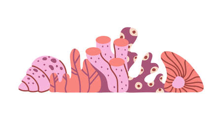 Coral seaweed horizontal illustration for banner, poster. Hand drawn stylized marine elements. Cartoon seashell, water plant, actinia. Flat vector on white background. Monochrome red colorのイラスト素材