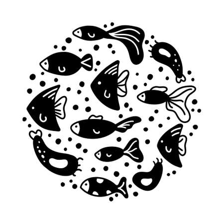Silhouette cute fish doodle round illustration for poster, print, banner, card. Contour elements, cartoon design. Black hand drawn icons set. Flat isolated vector, white backgroundのイラスト素材