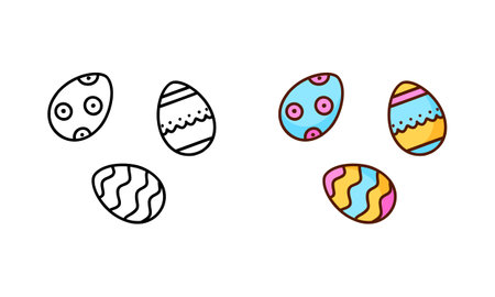 Decorated Easter eggs, doodle icon. Linear and color version. Hand drawn simple illustration. Contour isolated vector pictogram on white backgroundのイラスト素材