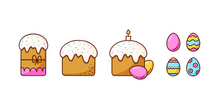Easter set. Different cakes with icing, sprinkles and decorated eggs. Color doodle icon. Hand drawn...