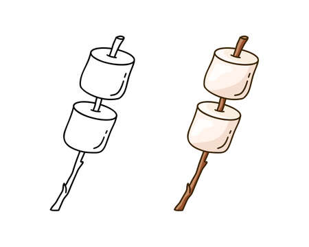 Marshmallows on branch doodle icon. Linear and color version. Hand drawn simple illustration of sweet for roasting over fire. Contour isolated vector pictogram on white backgroundのイラスト素材