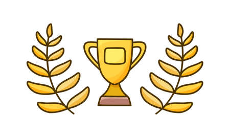 Golden trophy cup with sprigs of laurel. Color doodle icon. Hand drawn simple illustration for winner prize. Cartoon isolated vector image on white backgroundのイラスト素材