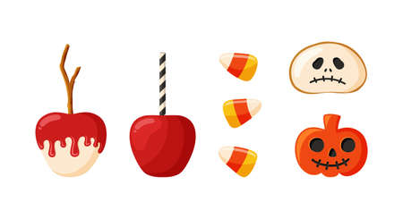 Halloween treat icons set. Apples in caramel, candy corn, pumpkin cookies. Cartoon flat illustration of traditional holiday sweets. Color isolated vector element on white backgroundのイラスト素材