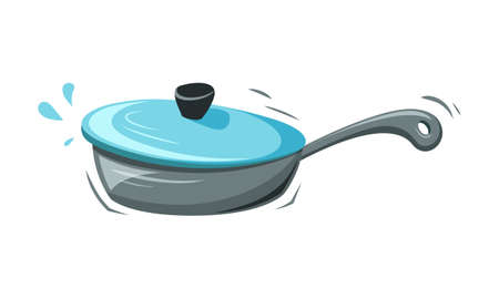 Pan with lid. Stylized kitchen utensil. Cartoon flat illustration of cooking fried food. Color isolated vector element on white backgroundのイラスト素材