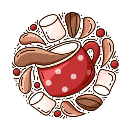 Cocoa in cup with marshmallow, drops. Round doodle illustration. Color hand drawn emblem of hot chocolate drink. Cartoon isolated vector elements on white backgroundのイラスト素材