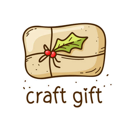 Craft gift. Color doodle icon with lettering. Hand drawn illustration of tied package with decor. Contour isolated vector clip art on white backgroundのイラスト素材