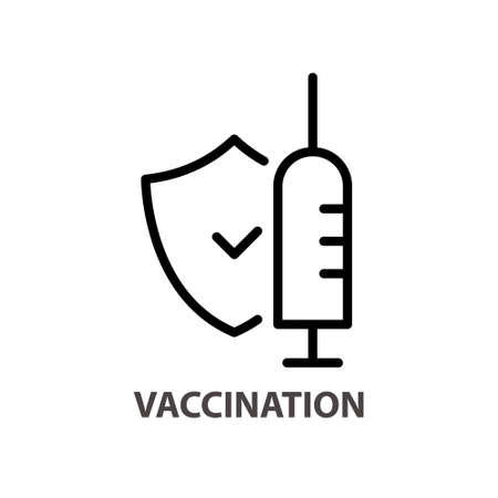 Vaccination linear icon. Outline simple vector of syringe and protective shield. Contour isolated pictogram on white backgroundのイラスト素材