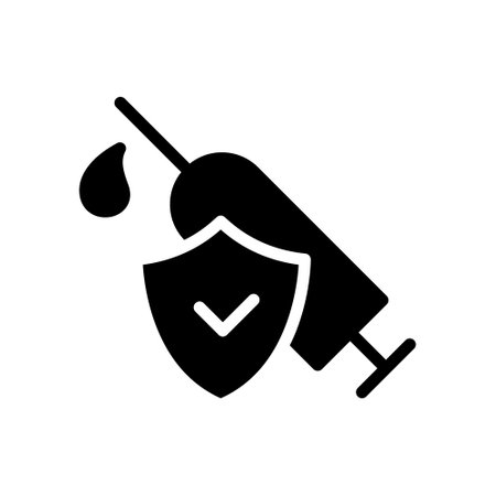 Vaccine silhouette icon. Syringe with drop of medicine and protective shield. Black simple vector. Contour isolated pictogram on white backgroundのイラスト素材
