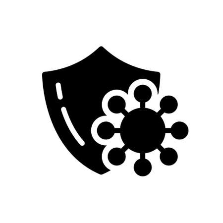 Virus Protection silhouette icon. Black simple vector of dangerous bacteria with protective shield. Contour isolated pictogram on white backgroundのイラスト素材