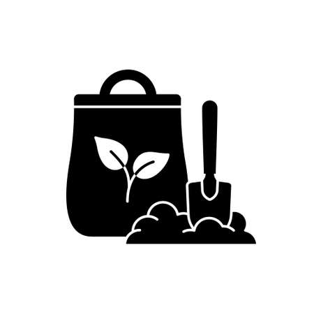Fertilizer silhouette icon. Black simple vector of bag with soil and shovel for growing plants. Contour isolated pictogram on white backgroundのイラスト素材