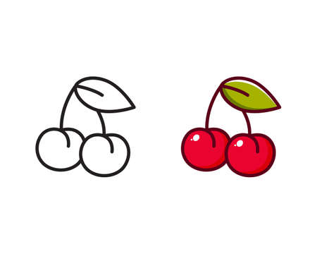 Cherry icon. Two berries with leaf. Linear and color icon. Cartoon simple vector. Contour isolated pictogram on white backgroundのイラスト素材