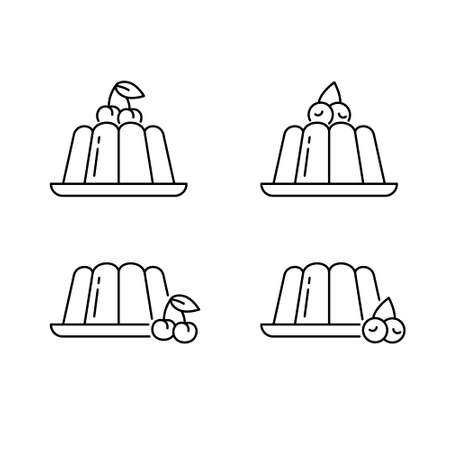 Jelly linear icons set. Fruit dessert with berries on plate. Outline simple vector. Contour isolated pictogram on white backgroundのイラスト素材