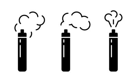 Electronic cigarette, silhouette icons set. Cylindrical vape with different shapes of smoke. Black simple vector of smoking device. Contour isolated pictogram on white backgroundのイラスト素材