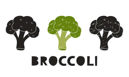 Broccoli, silhouette icons set with lettering. Imitation of stamp, print with scuffs. Simple black shape and color vector illustration. Hand drawn isolated elements on white backgroundのイラスト素材