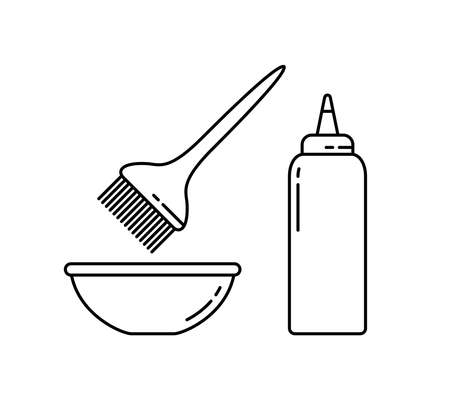 Hair dye linear icon. Outline simple vector of brush, bowl, bottle. Contour isolated pictogram on white backgroundのイラスト素材