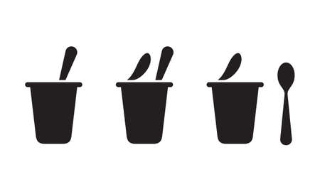 Yogurt silhouette icons set. Black simple vector of open plastic container with spoon. Contour isolated pictogram on white backgroundのイラスト素材
