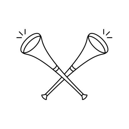 Two crossed vuvuzelas, linear icon. Symbol of cheer on team. Outline simple vector of sport trumpet. Contour isolated pictogram on white backgroundのイラスト素材