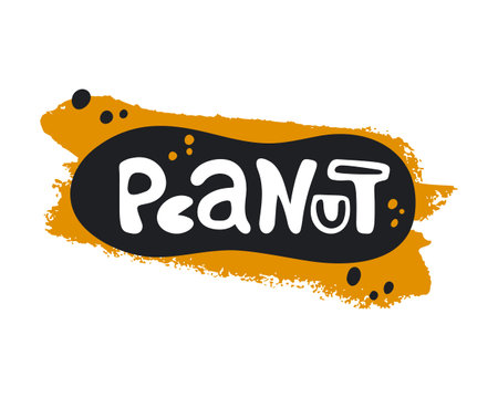 Peanut hand drawn sticker. Sloppy print, emblem or element on yellow paint smear with decorative text inside. Isolated vector illustration on white backgroundのイラスト素材