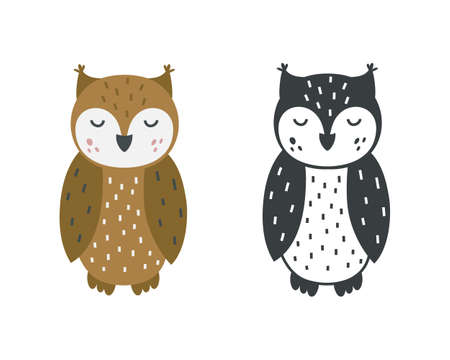 Owl, bird character. Black silhouette and color version. Cute kids illustration, Scandinavian style. Flat hand drawn vector on white backgroundのイラスト素材