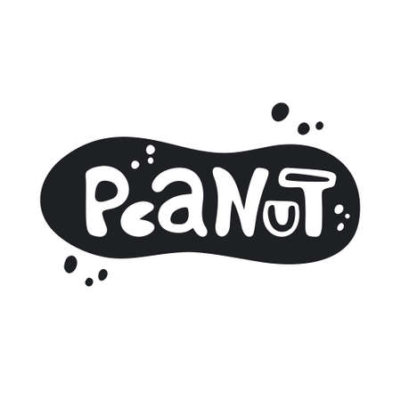 Peanut, silhouette sticker with lettering inside. Black vector illustration for packaging or logo design. Outline hand drawn element on white backgroundのイラスト素材