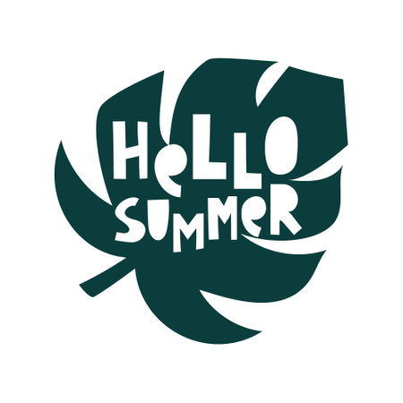 Lettering Hello summer on black monstera leaf. Botanical element with cut out text inside. Silhouette hand drawn illustration on white background. Flat vector sticker, print. Graphic simple clipartのイラスト素材