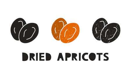 Dried apricots, silhouette icons set with lettering. Imitation of stamp, print with scuffs. Simple black shape and color vector illustration. Hand drawn isolated elements on white backgroundのイラスト素材