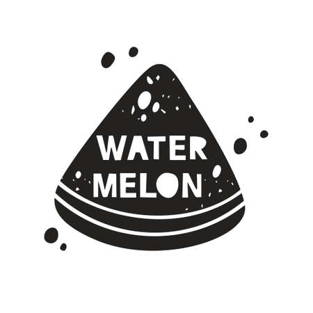 Watermelon grunge sticker. Black texture silhouette with lettering inside. Imitation of stamp, print with scuffs. Hand drawn isolated illustration on white backgroundのイラスト素材