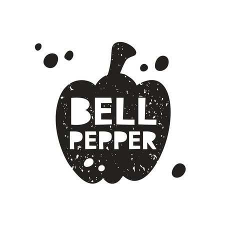 Bell pepper grunge sticker. Black texture silhouette with lettering inside. Imitation of stamp, print with scuffs. Hand drawn isolated illustration on white backgroundのイラスト素材