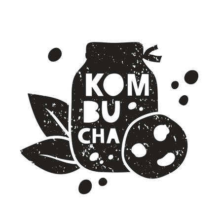 Kombucha, grunge sticker. Black texture silhouette with lettering inside. Imitation of stamp, print with scuffs. Hand drawn isolated illustration on white backgroundのイラスト素材