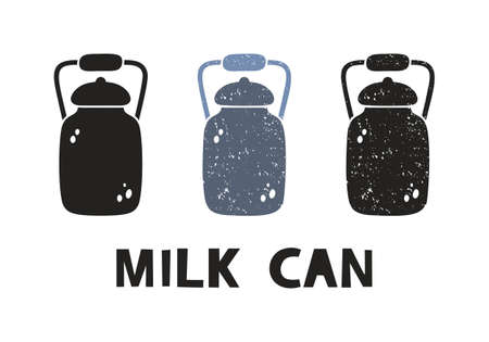 Milk can, silhouette icons set with lettering. Imitation of stamp, print with scuffs. Simple black shape and color vector illustration. Hand drawn isolated elements on white backgroundのイラスト素材