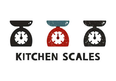 Kitchen scales, silhouette icons set with lettering. Imitation of stamp, print with scuffs. Simple black shape and color vector illustration. Hand drawn isolated elements on white backgroundのイラスト素材