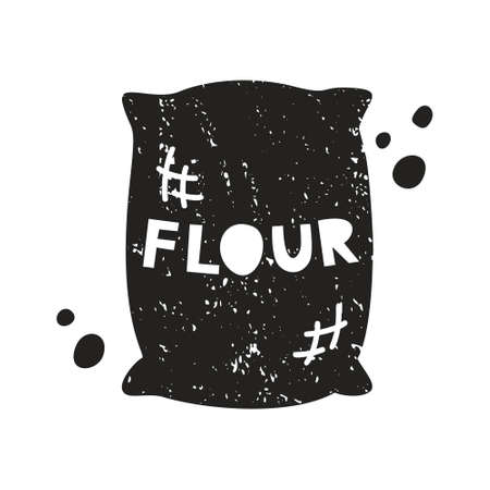Flour, grunge sticker. Black texture silhouette of textile bag with lettering inside. Imitation of stamp, print with scuffs. Hand drawn isolated illustration on white backgroundのイラスト素材