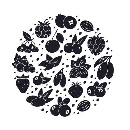 Berries with leaves, graphic round illustration. Black silhouette elements. Cherry, blueberry, blackberry, cranberry, lingonberry, currant, gooseberry. Contour vector icons on white backgroundのイラスト素材