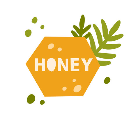 Honey, color flat sticker for packaging design. Hand drawn lettering with honeycomb, leaves, abstract drops. Simple illustration, print, emblem isolated on white backgroundのイラスト素材