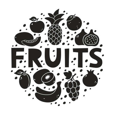 Graphic fruit elements with hand drawn text. Monochrome round illustration. Black silhouette icons, isolated lettering. Apple, orange, pineapple, banana, plum, grape, kiwi, fig. Contour vector printのイラスト素材
