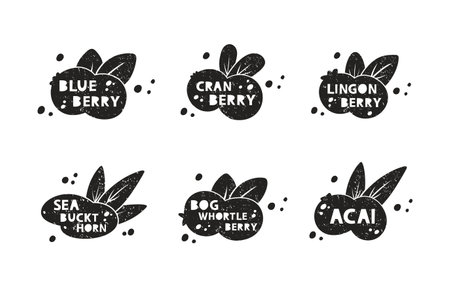Berries, grunge stickers set. Blueberry, cranberry, lingonberry, acai, sea buckthorn, bog whortleberry. Black texture silhouette with lettering inside. Imitation of stamp. Hand drawn print with scuffsのイラスト素材
