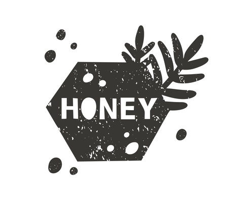 Honey grunge sticker. Black texture silhouette with lettering inside. Imitation of stamp, print with scuffs. Hand drawn isolated illustration on white backgroundのイラスト素材