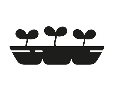 Microgreens silhouette icon. Black simple pictogram of sprouts in tray. Vector isolated element on white backgroundのイラスト素材