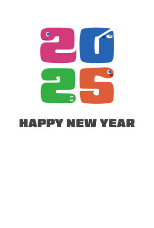 Cute New Year's card with snake numbers. 2025, Year of the Snake, white background, vertical postcard size. Vector illustration.のイラスト素材