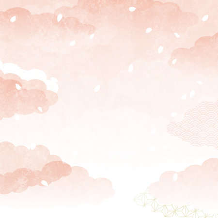 Pink clouds and falling cherry blossom petals, on a Japanese-style background, vector illustration. Square.のイラスト素材