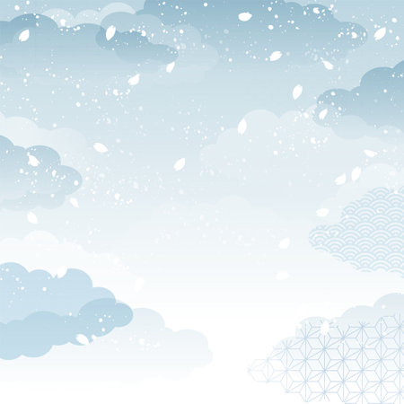 Grayish blue clouds and falling cherry blossom petals, on a Japanese-style background, vector illustration. Square.のイラスト素材