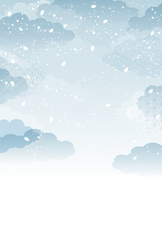 Grayish blue clouds and falling cherry blossom petals, on a Japanese-style background, vector illustration. Vertical.のイラスト素材