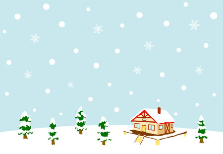 Snowy mountain landscape with fir trees and mountain hut.のイラスト素材
