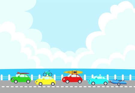 An illustration of a road along the sea with cute cars going out for leisure in summer. Postcard size.のイラスト素材