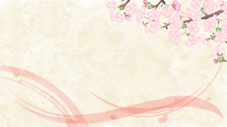 Japanese paper background with pink brush strokes and Japanese style material of three-dimensional cherry blossom branches. Vector illustration.のイラスト素材
