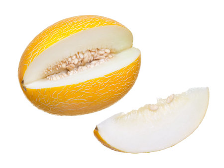 Cut ripe melon on a white background  Symbol division, corporatization, profits, taxの写真素材