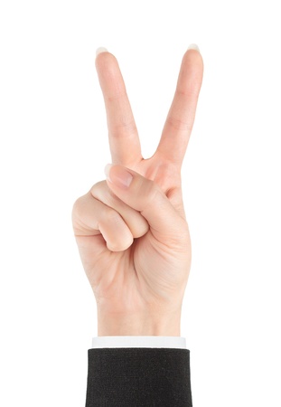 Victory. Gesture of the hand on white backgroundの写真素材