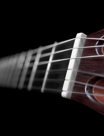 Guitar close on a black background. Template for cover or advertisement.