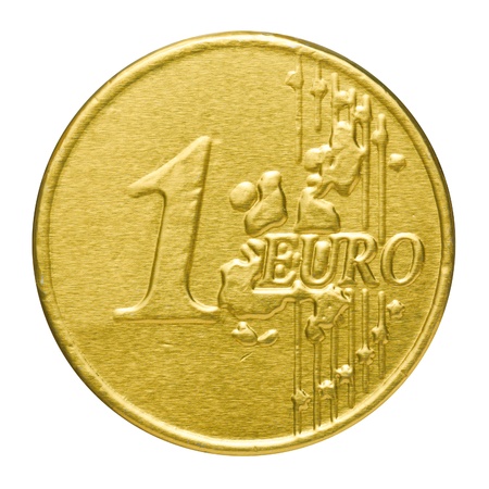 Chocolate euro in a wrapper on a white backgroundの写真素材